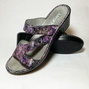 Alegria Metallic Snake Print Leather Slide Wedge Adjustable Sandal EU42, US11.5